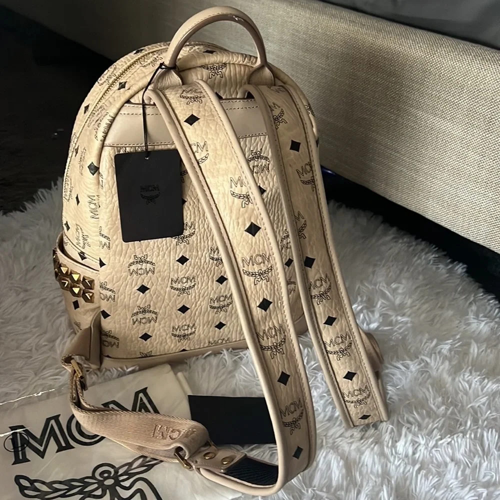 MCM Beige and Black Logo Backpack
